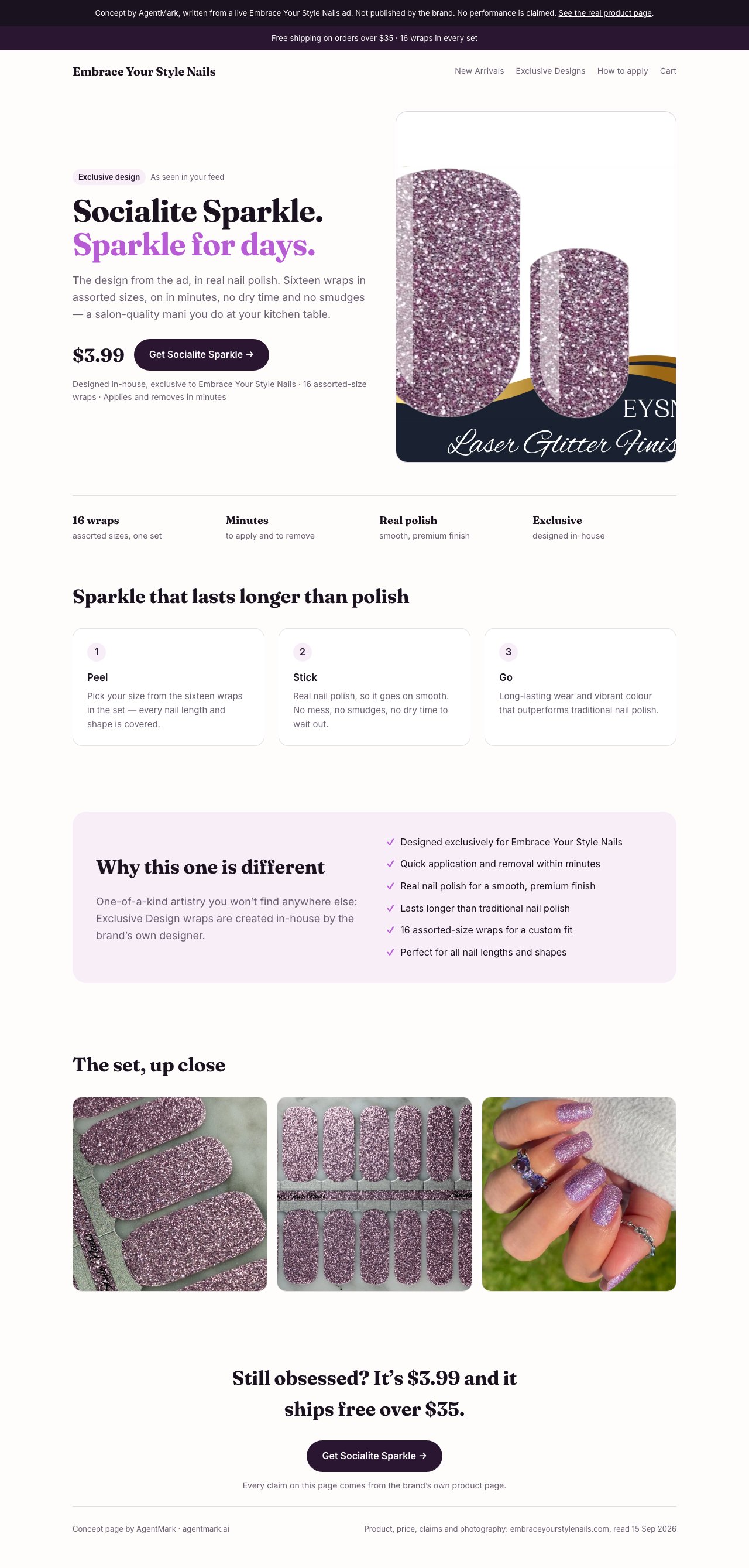 A complete new page for Socialite Sparkle, with its product, story, offer and proof