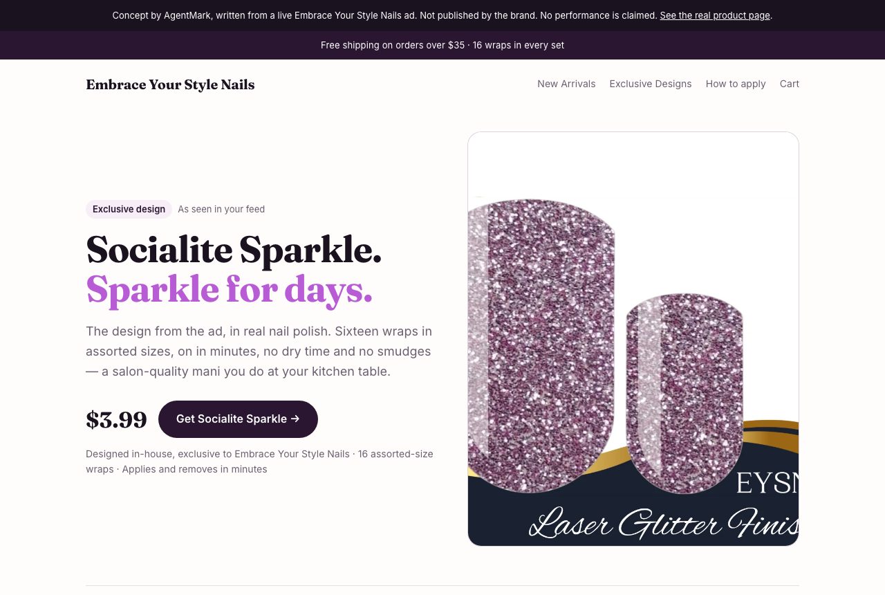 The page AgentMark wrote from that ad, opening on the Socialite Sparkle design