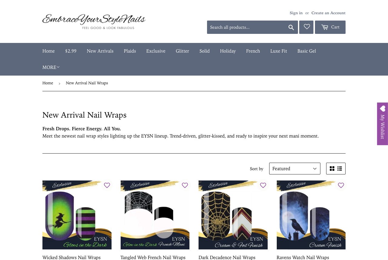 The New Arrivals collection the ad's click lands on today, showing Halloween nail wrap designs