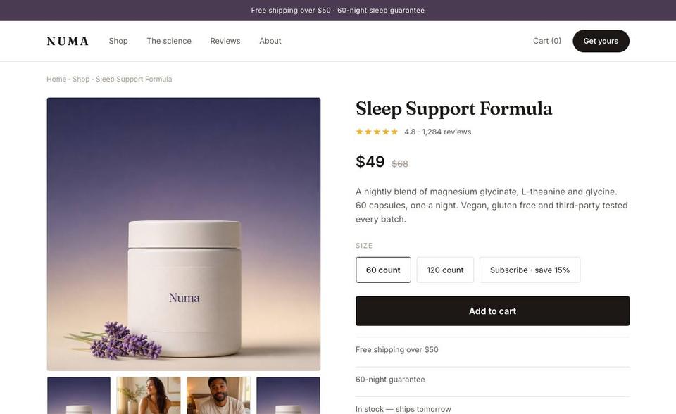 The shared Numa Sleep product page