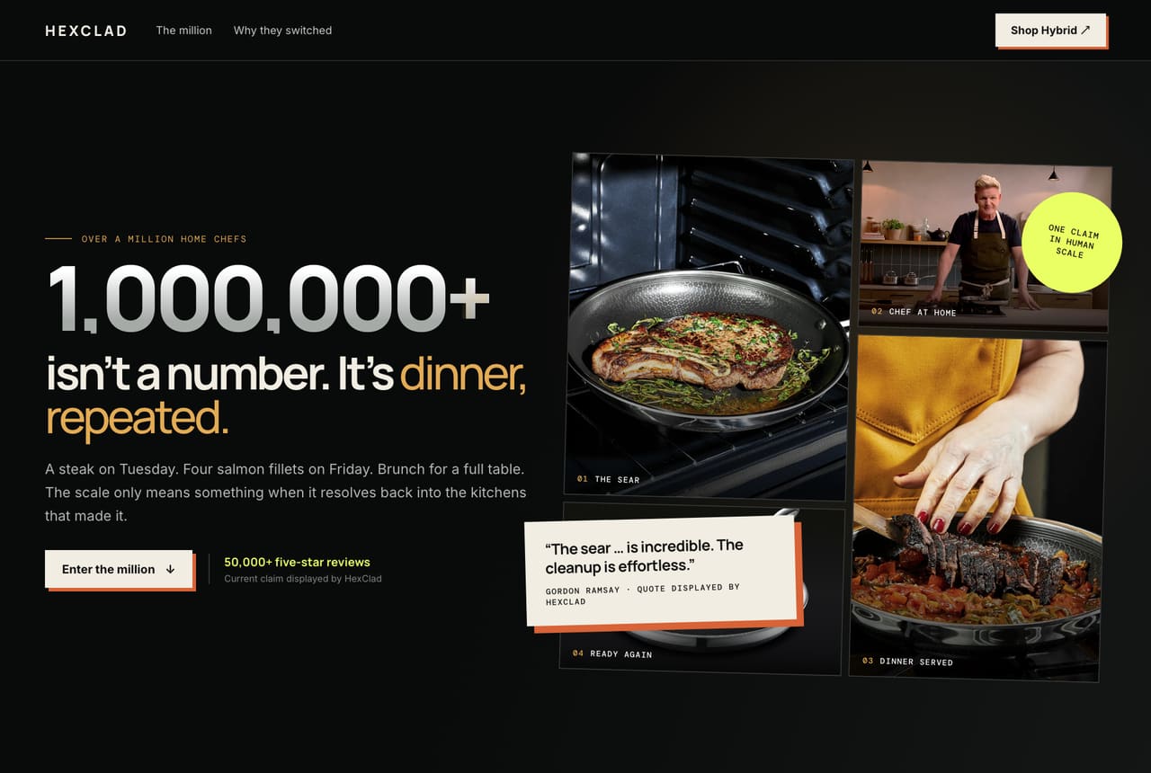 The page AgentMark wrote from HexClad's ad: 1,000,000+ dinners, repeated