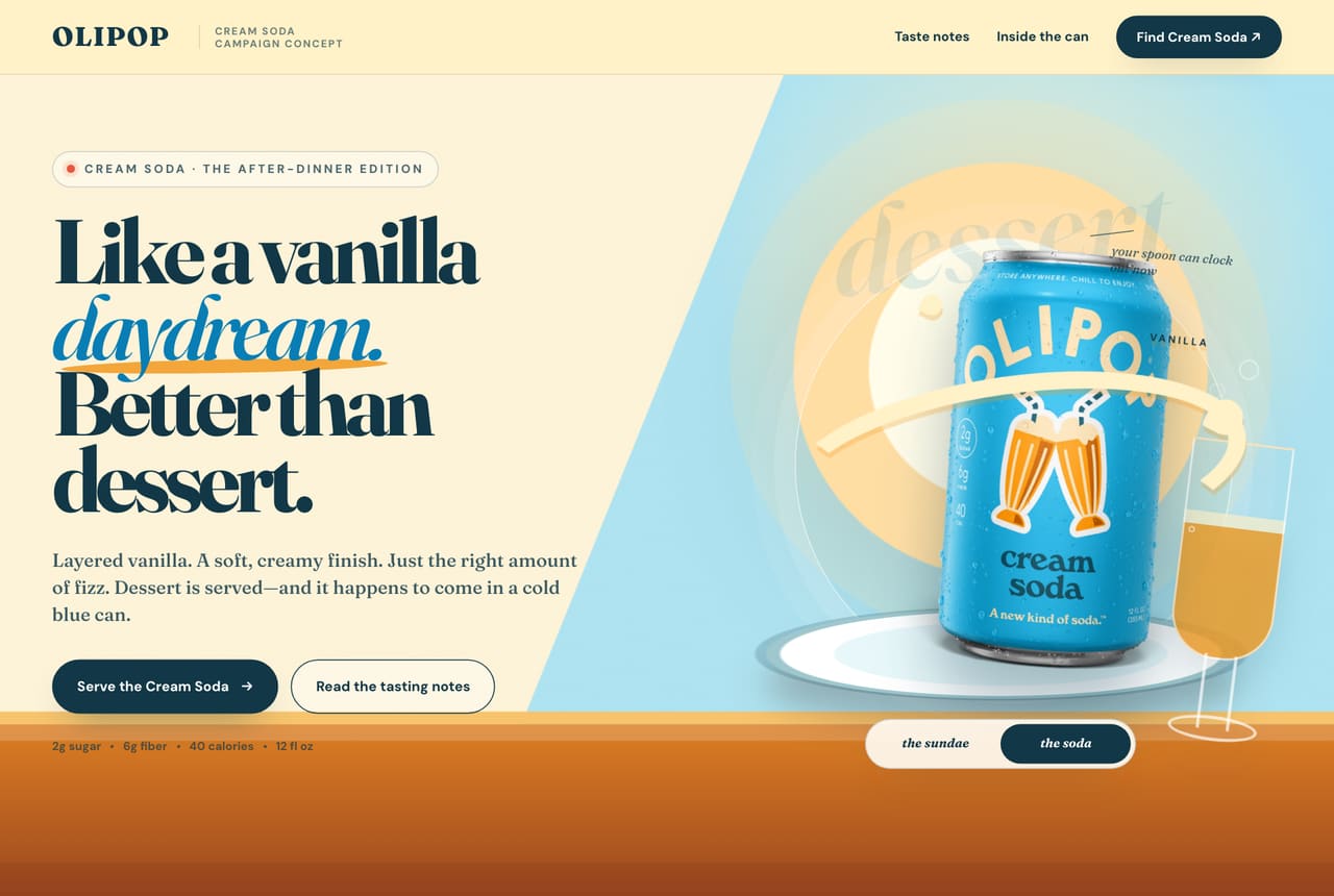 The page AgentMark wrote from Olipop's ad: Like a vanilla daydream