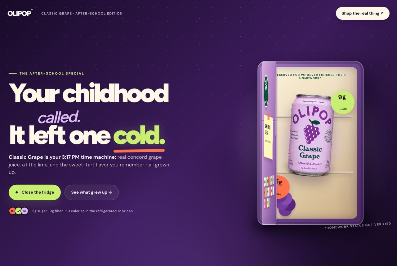 The page AgentMark wrote from Olipop's ad: Your childhood left one cold